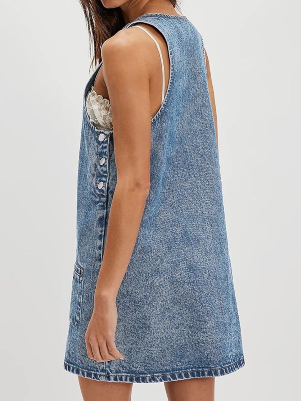 Casual sleeveless denim dress pinafore. Scoop neckline with a lace inset. Front - Picture 2 of 2